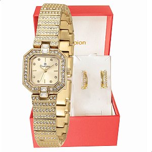 Relógio Feminino Champion Dourado Pequeno Luxo CF25769X + Brincos