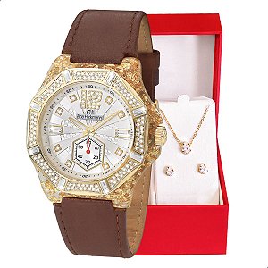 Relógio Feminino Champion Ana Hickmann Couro Cristais AH20097B Colar e Brincos