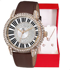 Relógio Champion Ana Hickmann Rosé Couro Marrom AH28151Z Colar e Brincos