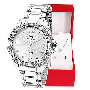 Relógio Champion Ana Hickmann Analógico Prata Cristais AH28946Q Colar e Brincos