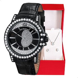 Relógio Champion Ana Hickmann Couro Preto AH28160T Colar e Brincos