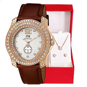 Relógio Feminino Champion Ana Hickmann Couro Marrom Cristais AH28277B Colar e Brincos