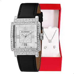 Relógio Feminino Champion Ana Hickmann Couro Preto AH28446Q Colar e Brincos