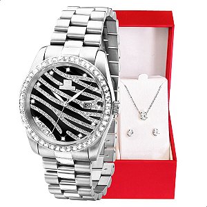 Relógio Feminino Ana Hickmann Prata Social Cristais AH28204T Colar e Brincos
