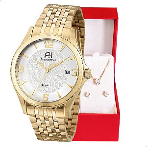 Kit Relógio Feminino Champion Analógico Ana Hickmann Dourado Analógico AH28964H Calendário Colar e Brincos