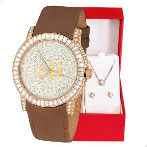 Relógio Champion  Ana Hickmann Feminino Couro Marrom Cristais AH28393B Kit Colar e Brincos