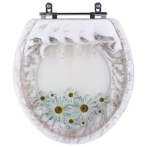 Assento Sanitário Poliester Decorado Margaridas Branco