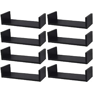 Kit 8 Prateleiras U 40 x 10cm Preta Suporte Invisível