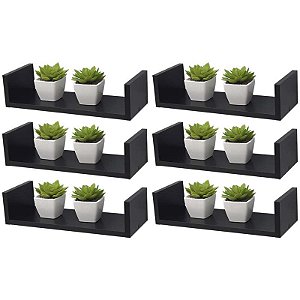 Kit 6 Prateleiras U 40 x 15cm Preta Suporte Invisível