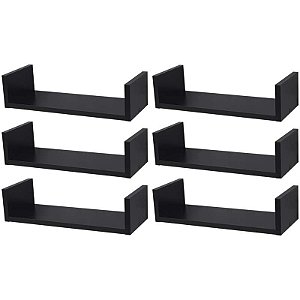 Kit 6 Prateleiras U 40 x 20cm Preta Suporte Invisível