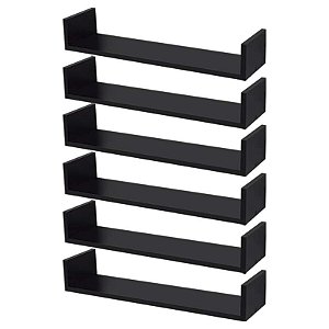 Kit 6 Prateleiras U 60 x 10cm Preta Suporte Invisível