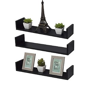 Kit 3 Prateleiras U 60 x 20cm Preta com Suporte Invisível