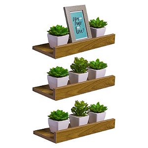Kit 3 Prateleiras Porta Quadros 30 x 15cm Freijó Suporte Invisível