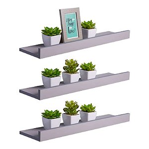 Kit 3 Prateleiras Porta Quadros 90 x 15cm Cinza Claro Suporte Invisível