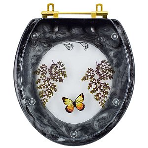 Tampa de Vaso Poliester Oval Preto Decorado Borboleta Amarela Com Ferragem Dourada