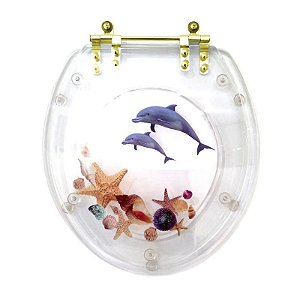 Tampa de Vaso Poliester Oval Transparente Golfinho Conchas Com Ferragem Dourada