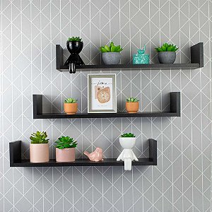 Kit 3 Prateleiras Nichos em U 60x15 MDF Preto com Suporte Flutuante Invisível