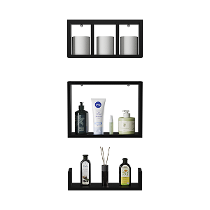 Conjunto Kit 3 Nichos Prateleiras Decorativas Preta para Banheiro