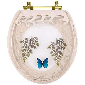 Assento Sanitário Poliester Oval Bege Claro Decorado Borboleta Azul Com Ferragem Dourada