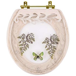 Assento Sanitário Decorado Oval Convencional Biscuit Com Borboleta Verde para todas as marcas Com Ferragem Dourada