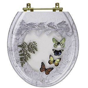 Assento Sanitário Poliester Oval Branco Decorado Borboletas Com Ferragem Dourada