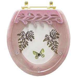 Assento Sanitário Decorado Oval Convencional Rosa Quartzo Com Borboleta Verde para todas as marcas Com Ferragem Dourada