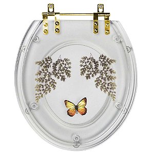 Assento Sanitário Poliester Oval Transparente Decorado Borboleta Amarela Com Ferragem Dourada