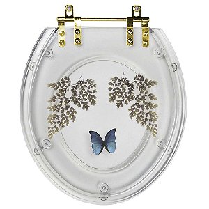 Assento Sanitário Poliester Oval Transparente Decorado Borboleta Azul Com Ferragem Dourada