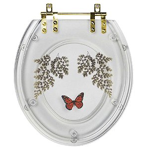 Assento Sanitário Poliester Oval Transparente Decorado Borboleta Vermelha Com Ferragem Dourada