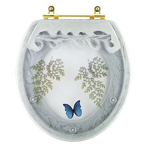 Assento Sanitário Poliester Oval Verde Agua Decorado Borboleta Azul Com Ferragem Dourada