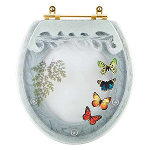 Assento Sanitário Poliester Oval Verde Agua Decorado Borboletas Com Ferragem Dourada