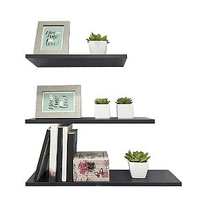 Kit 3 Prateleiras Decorativas Preta 40, 50 e 60cm Sala Quarto