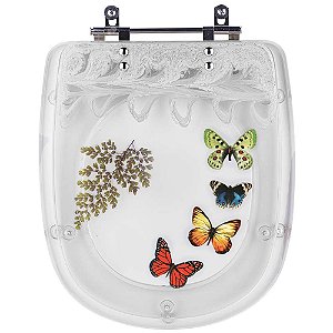 Tampa de Vaso Poliéster Decorada Borboletas Square Branco para louça Lorenzetti