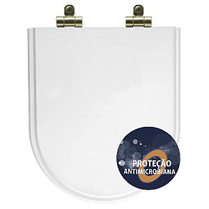 Tampa de Vaso Poliéster Antibactéria Com Amortecedor Nuova Branco para Bacia Deca com Ferragem Dourada