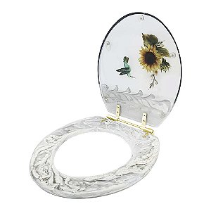Assento Sanitário Poliester Decorada Convencional Girassol Beija Flor Com Ferragem Dourada