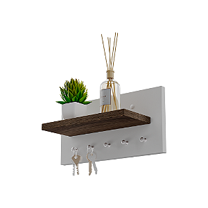 Porta Chaves Minimalista de Parede com 5 pinos Branco e Nogal