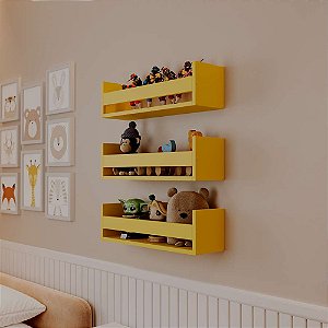 Kit 3 Prateleiras Porta Brinquedos Amarela 60 x 12cm Suporte Invisivel