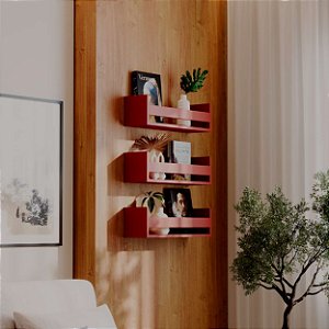 Kit 3 Prateleiras Porta Livros Vermelha 70 x 12cm Suporte Invisivel