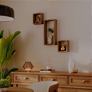 Conjunto 3 Nichos Decorativos Modulares Freijó Quarto Sala