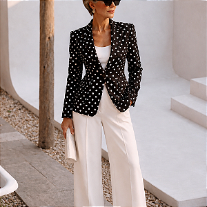 Blazer Alfaiataria Poá Preto e Branco Acinturado