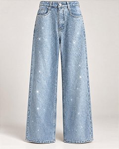 Calça Jeans Reta com Aplicação de Strass Pontos de Luz