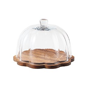 Boleira com Cúpula de Vidro e Base de Madeira – 25,5 x 18 cm