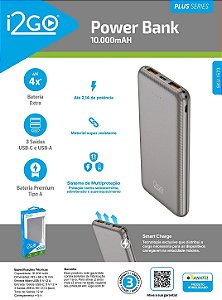 Carregador Portátil ORIGINAL (Power Bank) I2GO 10.000mAh 2 Saídas USB + 1 Saída USB-C Preto