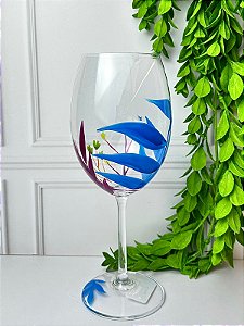 Taça Vinho Cristal Folhas Azuis