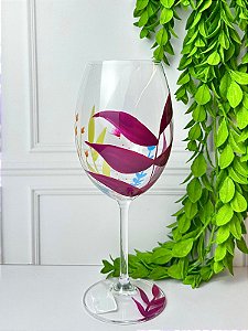 Taça Vinho Cristal Folhas Roxas