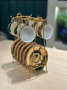 Conjunto 6 Xícaras Café Porcelana c/ Sup. Dourado