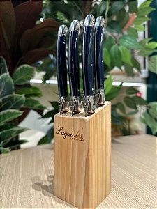 Cj 6 facas luxo c/ suporte madeira azul