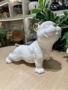 Escultura em cerâmica cachorro com dourado