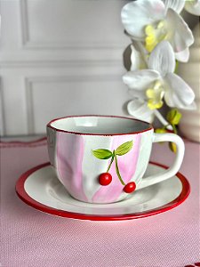 Xícara com pires artesanal cereja listra rosa