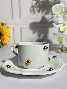 Xícara com pires artesanal poá dourado